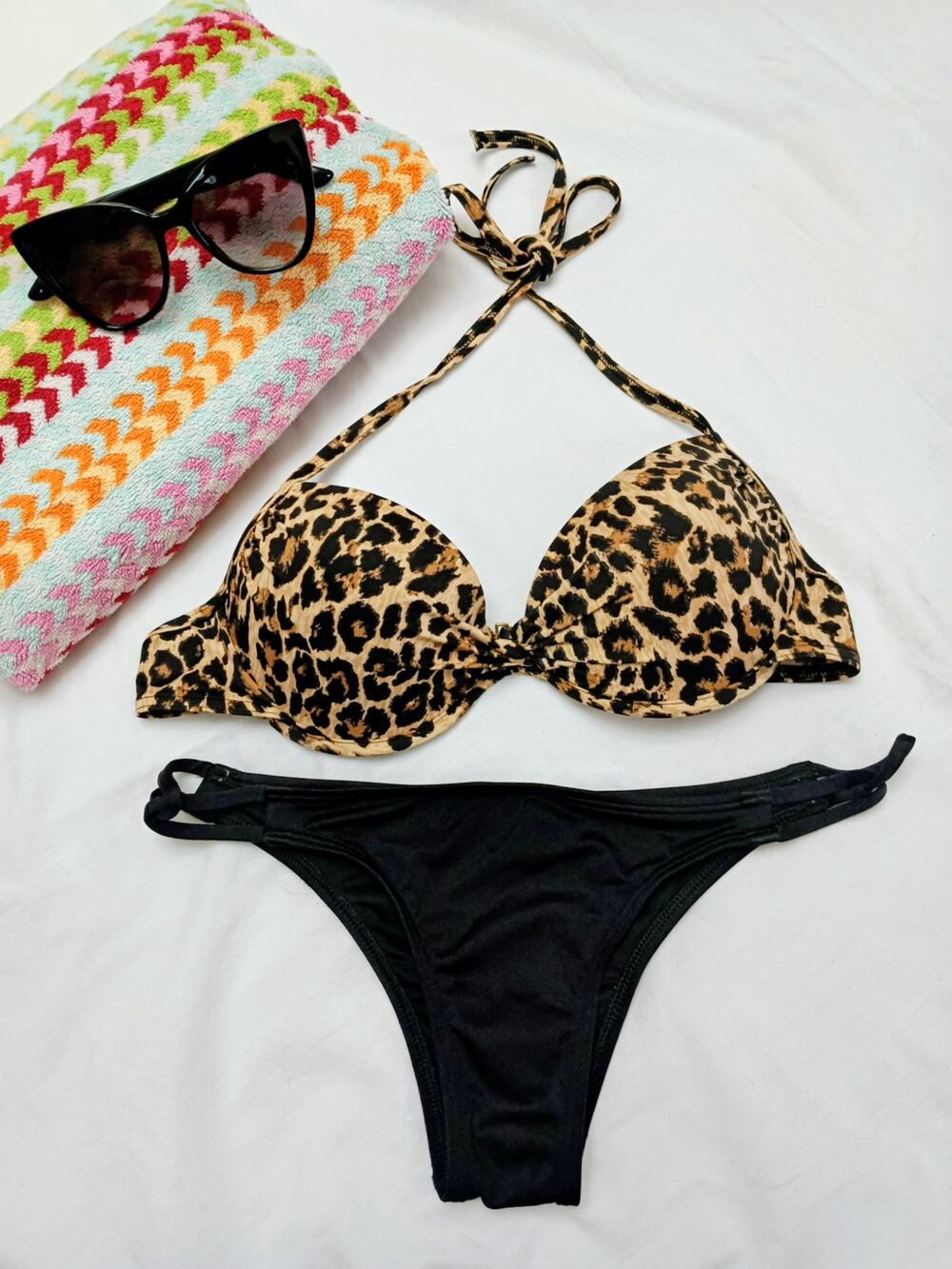 Victoria's Secret - Leopard Push-Up Halter Bikini Set & Cheeky Bottom - 34B & S